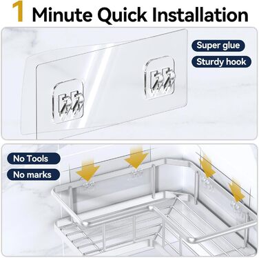 Органайзер для душу YASONIC (5 шт.), самоклеючий, нержавіюча сталь, полиці для ванної кімнати з мильничкою та 4 гачками, велика місткість, сріблястого кольору