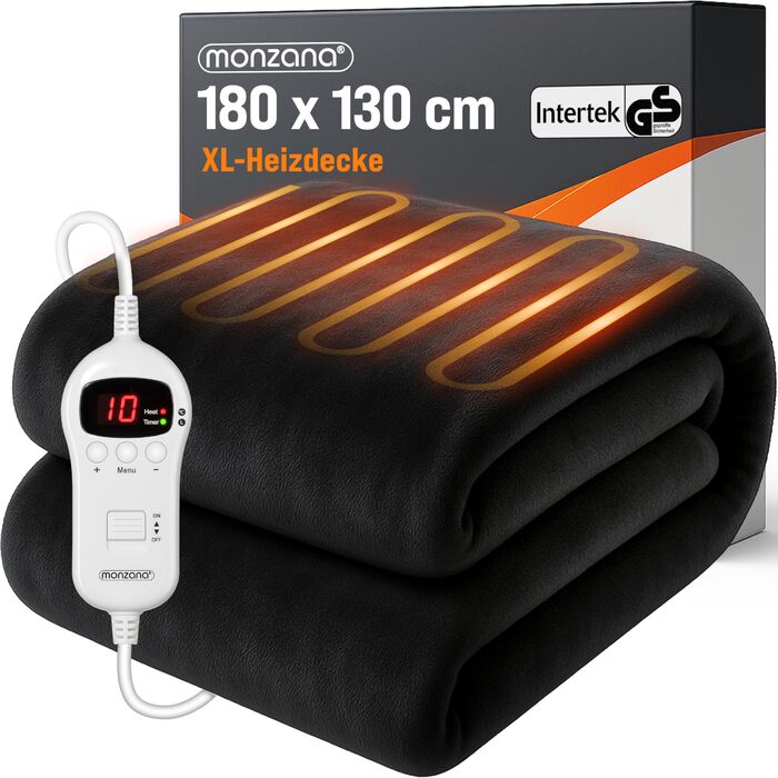 Monzana® Електрична ковдра з підігрівом 180x130 см, 120 Вт, 10 рівнів нагріву, таймер, захист від перегріву, пральна, флісова ковдра для ліжка, чорна, антрацитова
