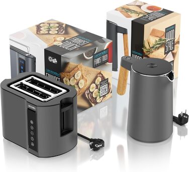 Набір Arendo: Електричний чайник з регулюванням температури та тостер з сенсорним дисплеєм (2 слоти) - нержавіюча сталь, сірий