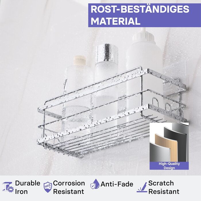 Поличка для душу KINCMAX без свердління з нержавіючої сталі, самоклеюча, з гачками (срібна). Комплект з 2 поличок (прямі, срібні)