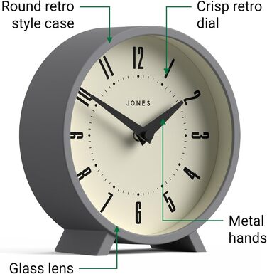 JONES CLOCKS® Desk Clock 'Venus' – modern round design in gray, stylish retro look for shelves, tables, mantels, or bedside tables