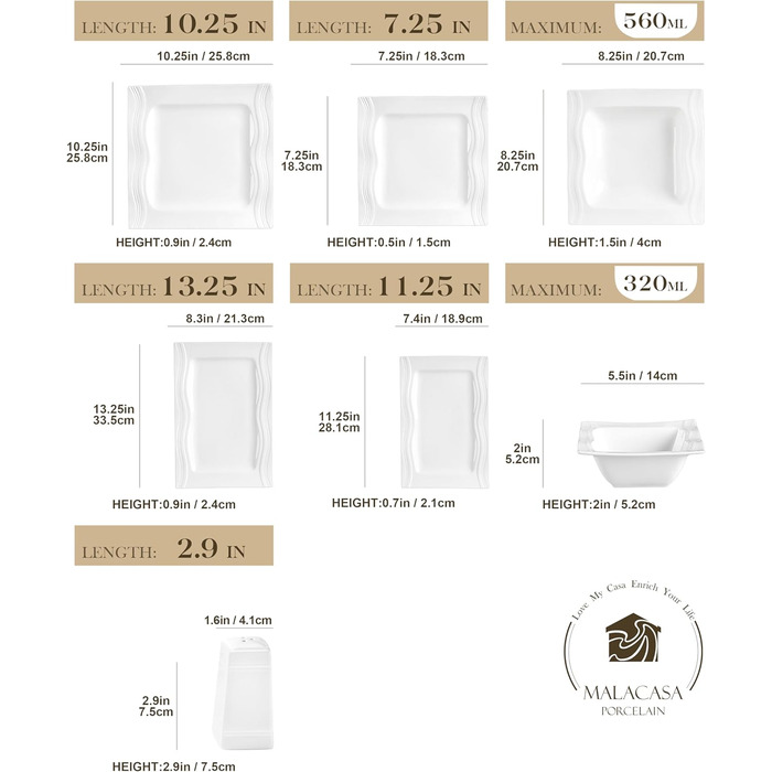 MALACASA, Mario Series, 28-piece porcelain dinnerware set consisting of 6 bowls, 6 dessert plates, 6 soup plates, 6 dinner plates, 2 rectangular platters, and 2 salt and pepper shakers.