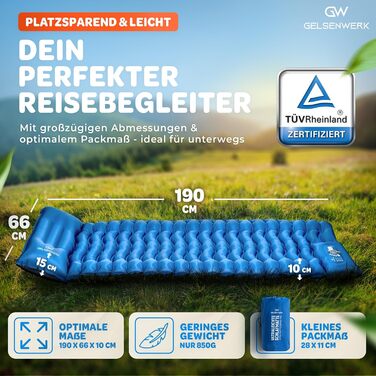 GELSENWERK Self-Inflating Sleeping Pad with Foot Pump - Ultralight Camping Air Mattress with Pillow for Travel, Hiking & Tent Use