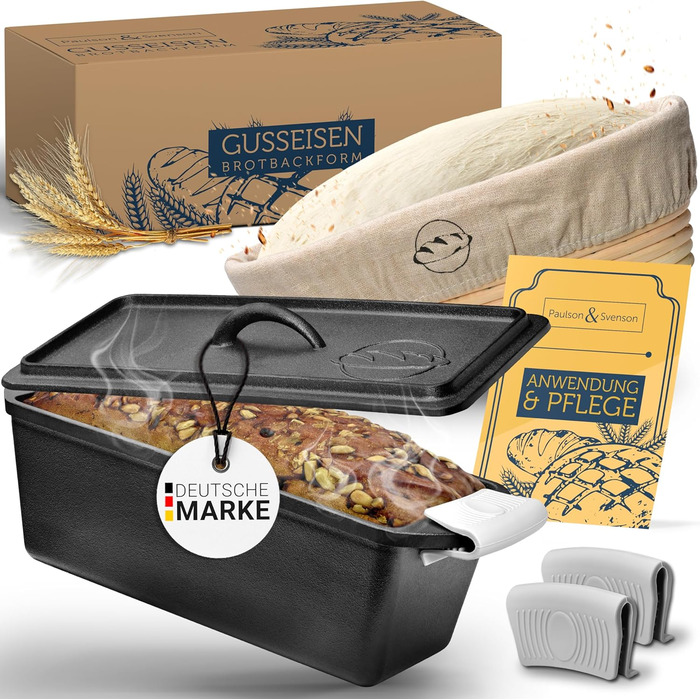 Paulson & Svenson® Loaf Pan with Lid, including Dough Proofing Basket & Silicone Handles - High-quality baked enamel bread pan - Cast iron loaf pan ideal for baking, cooking, and grilling, a cast iron cake pan
