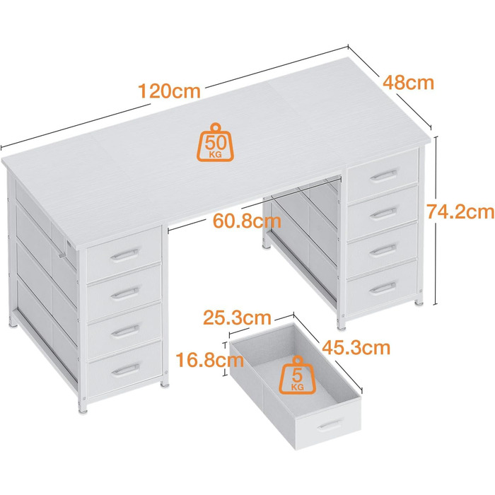 Комп'ютерний стіл Coleshome з 8 висувними ящиками для зберігання, білий (120x48 см)