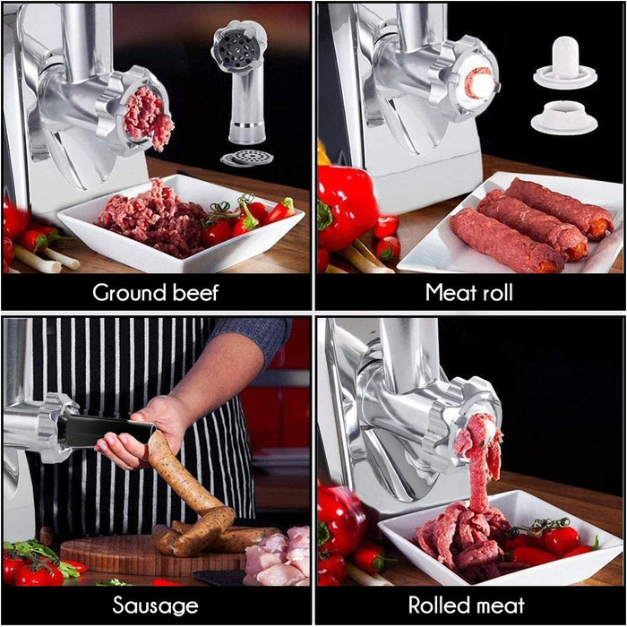 М'ясорубка електрична Edihome з насадкою для ковбас, багатофункціональна, 3 диски для подрібнення (чорно-біла)