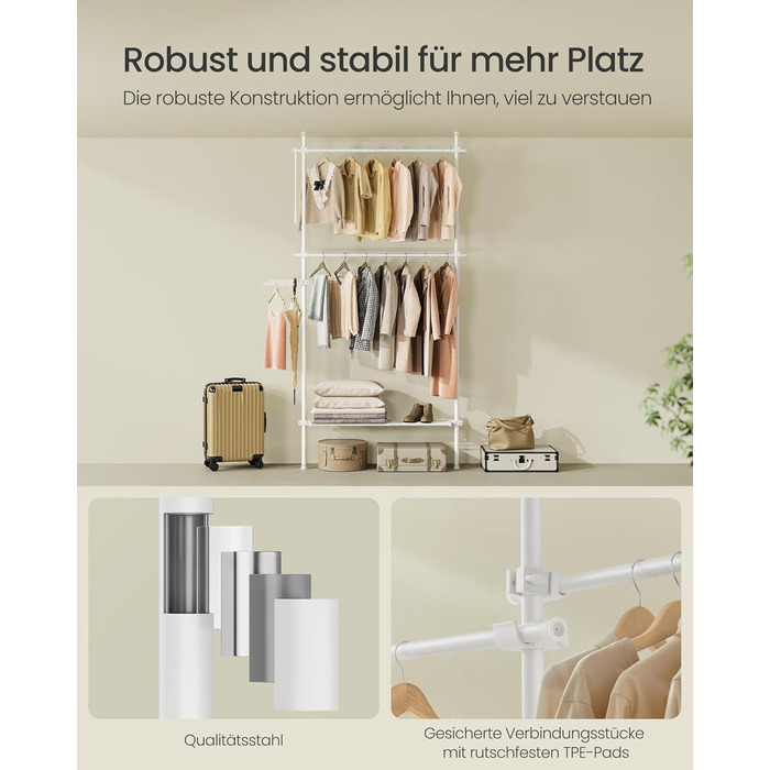 SONGMICS Telescopic Rod Clothes Rack, 3-Tier Wardrobe, Height and Width Adjustable, Open Closet with 2 Clothes Rods and Removable Shelf, Gripper Arm, HSR136B01 (Matt White, 1 Row (84B~123B cm))