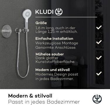 KLUDI-X3 Universal Shower Head with Hose, optional shower spray, water-saving with 3 spray patterns (Body, Hair, Skin), easy-to-clean shower head Ø 11.7 cm, shower hose 1.60 m