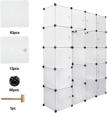 Wardrobe, Portable Shelving System, 20 Cube DIY Shelving System Wardrobe Open Plastic Closet with Doors Closet Cabinet White 180 x 142 x 37CM