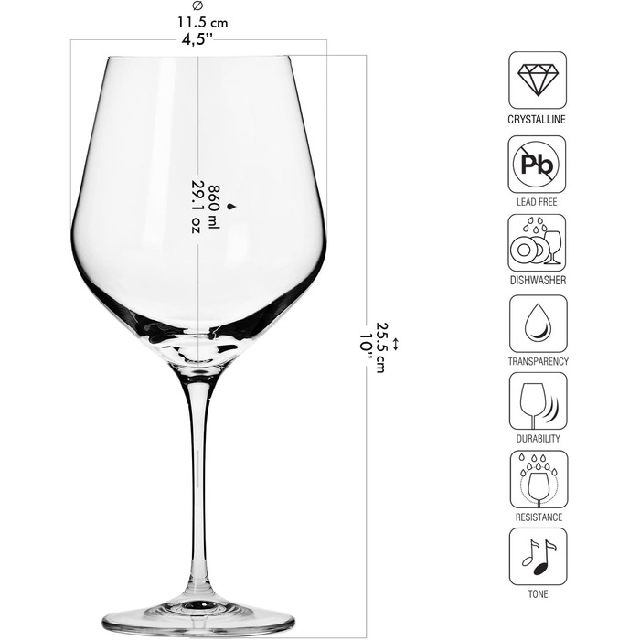 Krosno Burgundy Red Wine Glasses | Set of 6 | 860 ML | Splendour Collection | Perfect for home, restaurants, and parties | Dishwasher safe