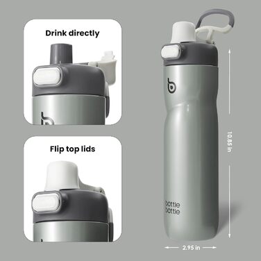 BOTTLE BOTTLE Insulated Water Bottle, 680 ml, with Handle and Flip-Top Lid, Bicycle Water Bottle, Push-Button Lid, Leak-Proof, Portable, for Travel, Sports, Riding, Green (Gray)