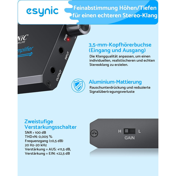 eSynic Підсилювач для навушників HiFi – портативний, з акумулятором 1000mAh, для MP3/MP4/Smartphone/PC, 16-600 Ом, 3.5mm AUX, алюмінієвий корпус