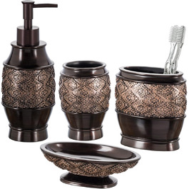 Creative Scents Brown Bathroom Accessory Set, 4-Piece Bathroom Decor Set, Decorative Bathroom Set with Soap Dispenser, Soap Dish, Tumbler, and Toothbrush Holder for Vanity Countertop