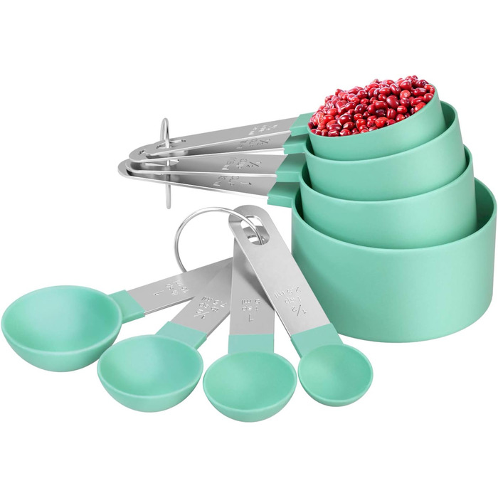 Набір мірних ложок та мірний стакан з нержавіючої сталі, 8 шт. - для рідин та твердих інгредієнтів, випічки, кулінарії (блакитно-зелений)