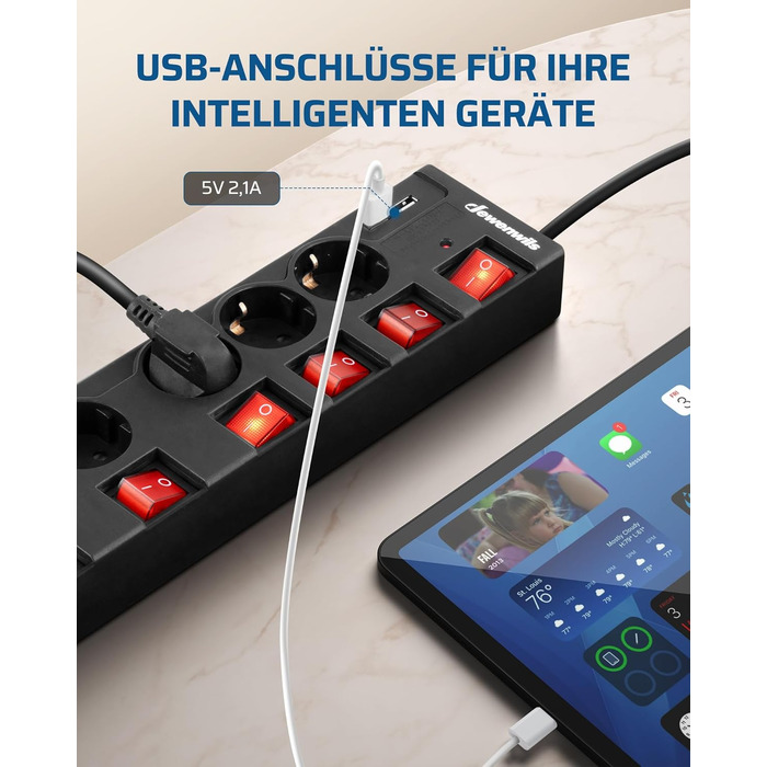 Розподільник розеток DEWENWILS 6-фазний з USB, індивідуальне вмикання, захист від перевантаження, дитячий захист, поворот 90°, чорний