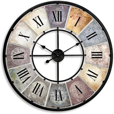 Large Vintage Wall Clock Living Room, No Ticking Sound, Modern XXL Wall Clocks, Roman Numerals, Retro Decor (Metal, Ø 50cm Diameter, Antique, Colorful)
