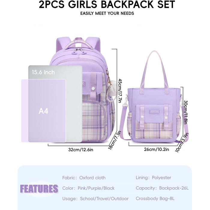 Рюкзак Tanou для дівчаток, підлітків: великий шкільний набір з сумкою через плече, в клітинку, 26L, фіолетовий