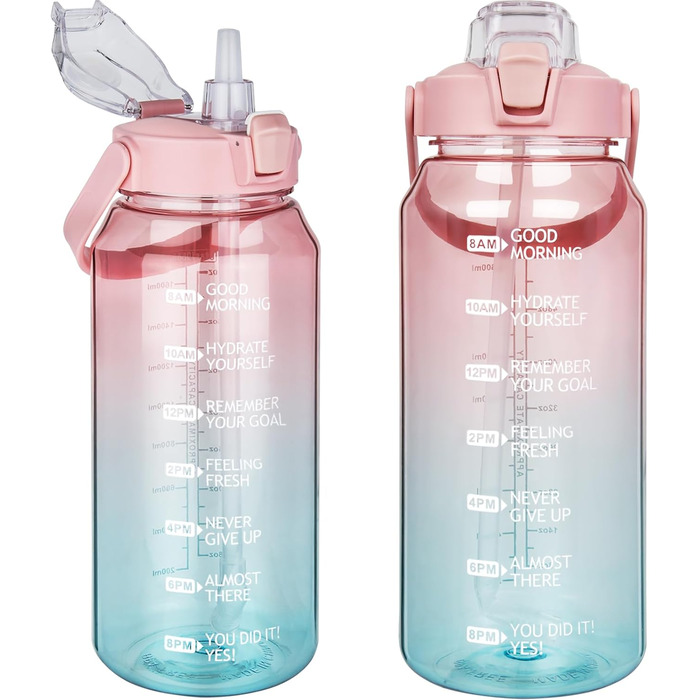 2L Tritan Water Bottle with Straw & Time Marker 2 liter BPA-free Motivational Water Bottle with Clock Large Sports Bottle for Gym, Fitness, Hiking (Transparent Rose / Cyan)