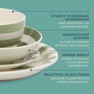 Сервіз Gibson Home Kenwood Shores, зелений в смужку, 16 предметів, ручна робота, для 4 осіб, посудомийна машина, мікрохвильова піч