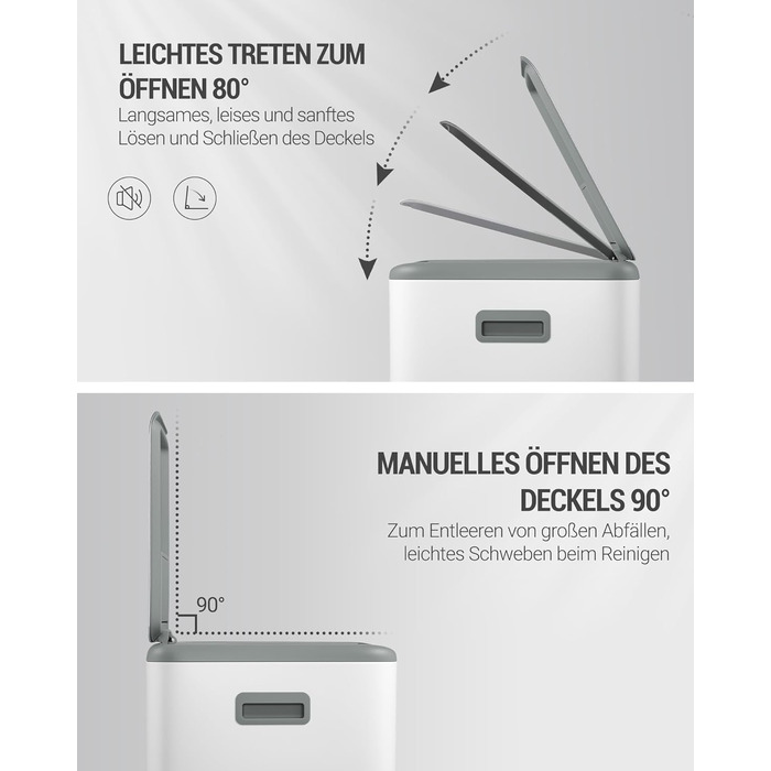 Відро для сміття з сортуванням 60 л, нержавіюча сталь, з педаллю, 2 відділення, SW06099E (біле)
