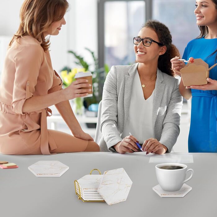 Marble-Style Coasters, Set of 6 - Drink Coasters for Wood Table with Metal Holder - Gold-Colored Ceramic Cup Set - Rustic Home Decor, Room Decor, Party (Luxury White-Gold Marble 01)