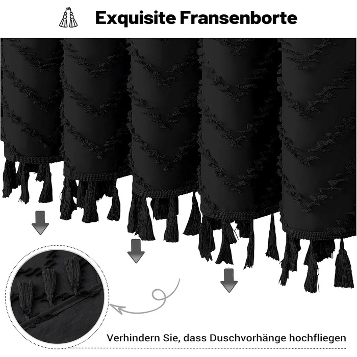 Штора для душу BTTN 180x180 см, Бохо, бежева з китицями, водонепроникна, з гачками (1 шт)