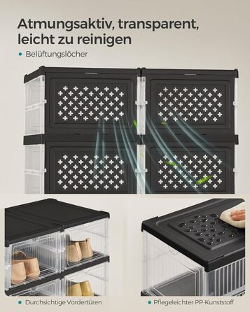 SONGMICS Shoe Cabinet Set, with 18 Shoe Boxes, Integrated Shoe Organizer, Foldable, Portable, for Shoes up to Size 46, 1-Minute Assembly, Transparent-Cloud White LSP207W01 (Transparent + Ink Black, 2)