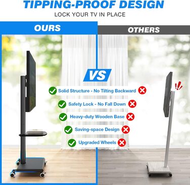 Мобільна тумба під телевізор з поличкою для ТВ 27-60 дюймів, чорна. Поворотна, регульована по висоті, до 40 кг, VESA 400x400