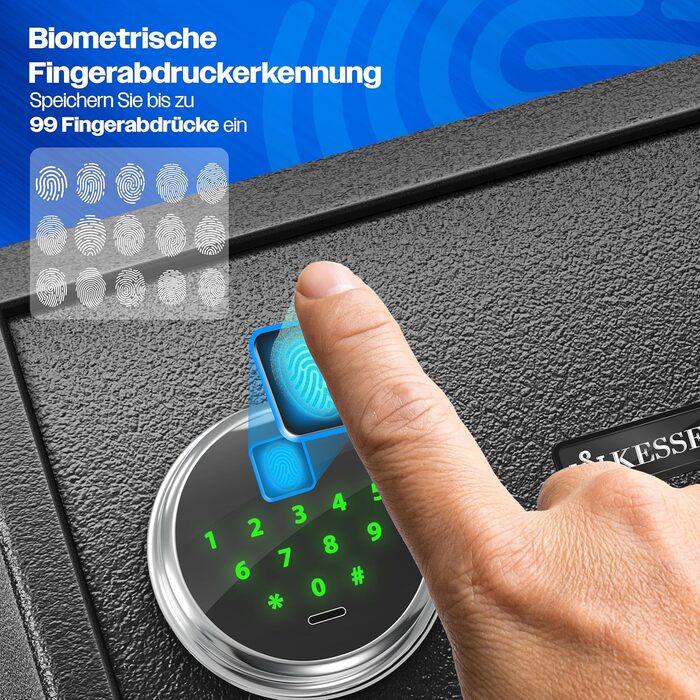 Електронний сейф KESSER® з відбитком пальця та ключем L | Вбудований акумулятор | 3x подвійний замок | Настінний/підлоговий сейф | Чорний