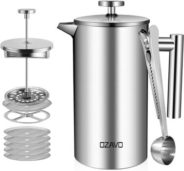 Френч-прес для кави 1л з нержавіючої сталі, термоізольований, з подвійними стінками та 5 фільтрами