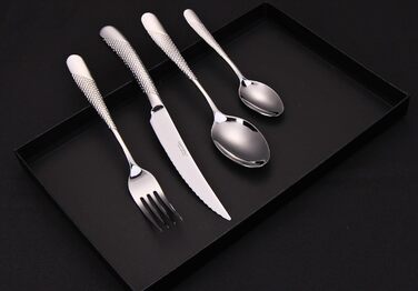 DAFFODILY Cutlery Set. Hammered 18/10 Stainless Steel Dinnerware. Mirror Finish, ultra-sharp steak knives, dishwasher safe. (Silver, 20)
