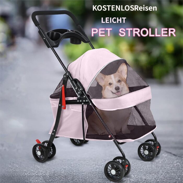 2в1 Візок для собак до 15 кг, буги для собак з тримачами для напоїв, переноска для собак, складаний, з гальмом, вагончик для собак, 48 x 68 x 95 см (Рожевий)