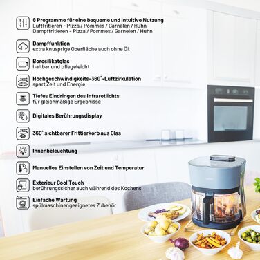 Аерофритюрниця Lauben Glass&Steam 4500BG з пароваркою, скляний кошик, 8 програм, ручне регулювання часу і температури, об'єм 4,5 л, мийка в посудомийній машині