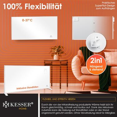 KESSER® Infrared Heater - Energy-Saving Infrared Standing Unit & Wall Mounting Electric Heater 700W with Remote Control, Thermostat & App Control, Electric Heating Panel, Heater Convector, Standing Feet, 700W, White
