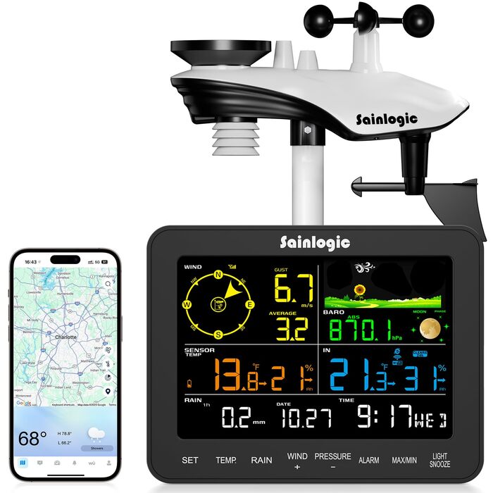 Метеостанція Sainlogic SA6 Plus Smart з Wi-Fi: Прогнозування погоди, датчик дощу, 2.4GHz, чорний