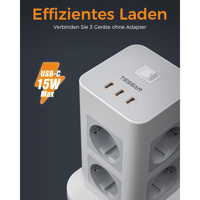 Блок розеток TESSAN з захистом від перенапруги, 3600W, 16A, 8 розеток, 3 USB-C, 2M, сірий