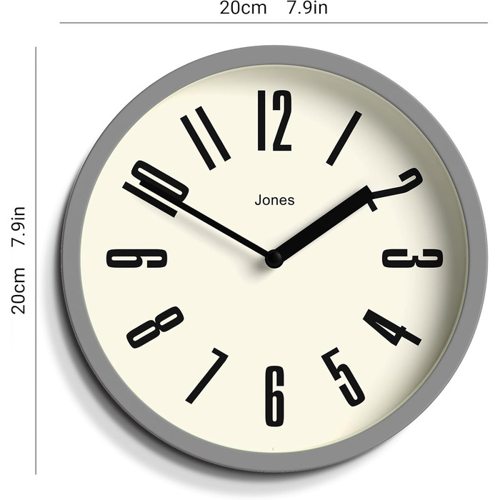 JONES CLOCKS® Hot Tub Wall Clock | Small Retro Round Clock | 20cm | Easy-to-read numbers | Ideal for kitchen, office, kids' room or any small space (Gray)