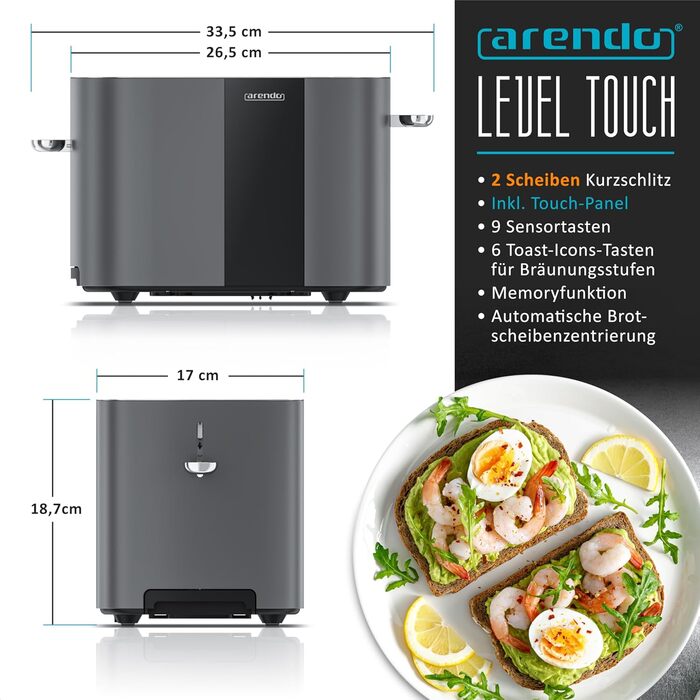 Тостер Arendo з нержавіючої сталі, 2 відділення, сенсорний екран, подвійні стінки, 800 Вт, підставка для тостів, 6 рівнів підсмажування, центрування хліба, індикатор часу, функція пам'яті (Колір: Cool Grey)