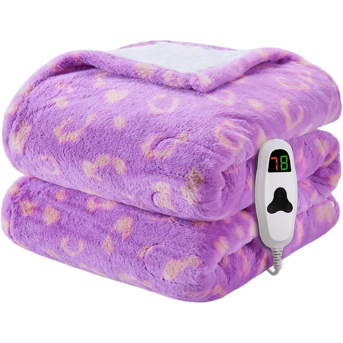 Електрична грілка з принтом корів, подвійний розмір 157x213 см, фіолетовий колір, 10 температурних режимів, таймер автоматичного вимкнення на 8 годин, флісова та шерпа-підкладка, тепла, подарунок для жінок