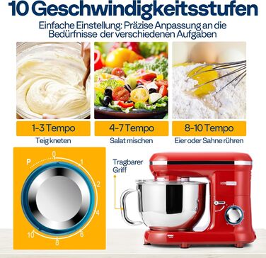 Кухонний міксер VIVOHOME 660 Вт, 10 швидкостей, 6 літрів, електричний, з набором насадок (міксер, гак для тіста, вінчик, сепаратор)