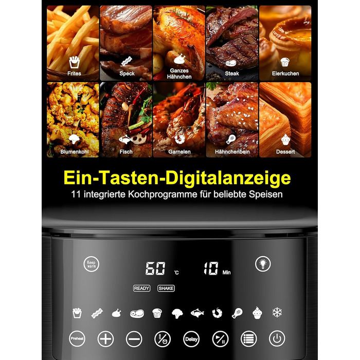 Фритюрниця повітряна Airfryer 7.2L, 11-в-1 з вікном, функція підігріву, розморожування, нагадування про струшування та таймер, здорова без олії, приготування з низьким вмістом жиру