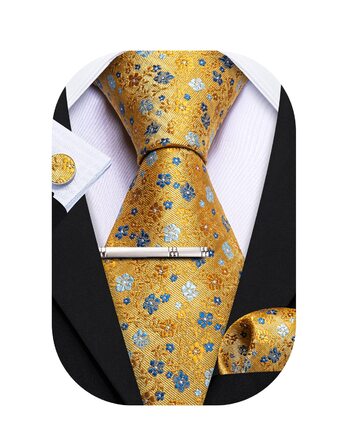 Набір краваток Barry.Wang для чоловіків: 4 шт. (краватка, кишеньковий хустинка, краваткові затискачі, затискач), класичний сатин, жовтий квітковий принт, для весілля та офіційних заходів