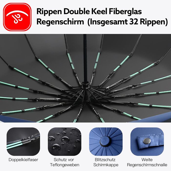 Стійкий до вітру парасолька-тростина, автоматичний, великий, з 16 ребрами, покриття Teflon 210T, анти-UV (блакитний)