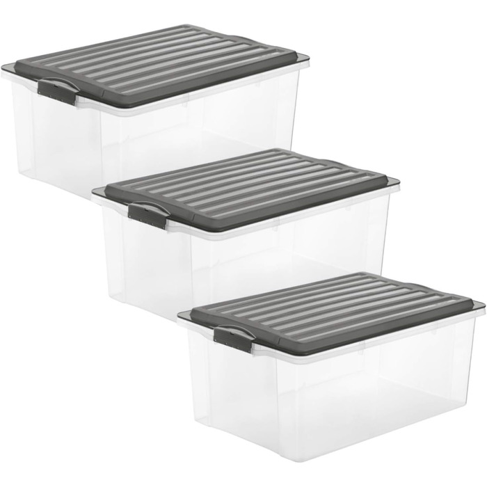 Rotho Compact 3-Piece Storage Box Set 70L with Lid and Wheels (3x38L, Anthracite/Transparent)