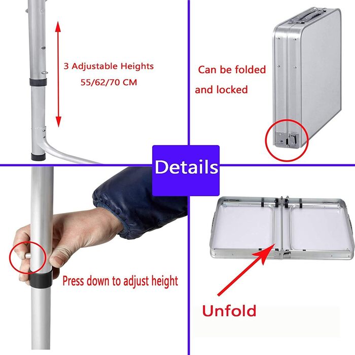 Складний стіл 60 см, портативний, для кемпінгу та пікніка, сад, на вулицю, регульована висота, алюмінієвий каркас, 60 x 45 x 25,9 см (Д x Ш x В)