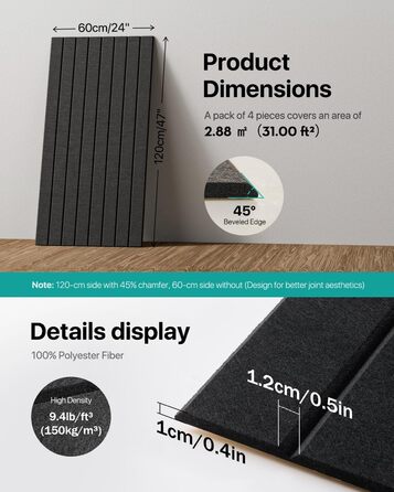 Акустичні панелі Soundsbay самоклеючі для звукоізоляції та декору стін, 120×60×0.9 см, чорні (4 шт, 2.16 м²)