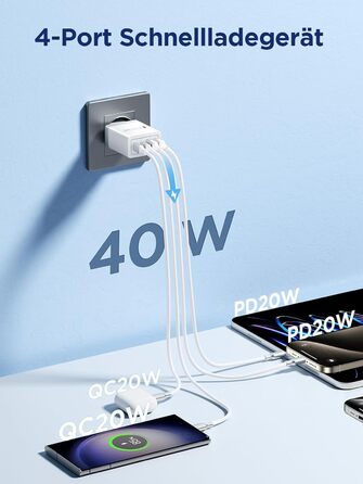 Багатопортовий зарядний пристрій Aioneus USB-C 40W з 4 портами (USB-C та USB-A) для iPhone, Samsung та інших телефонів, білий