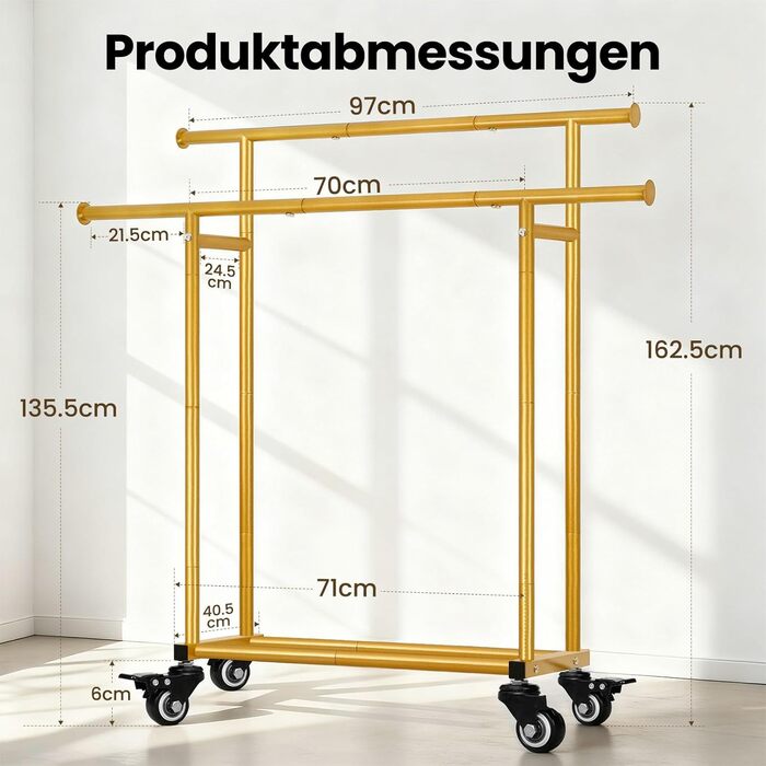 Стійка для одягу Sour Lemon на коліщатках, 95 кг, з подвійними перекладинами та полицею, золото (113x41x162 см)