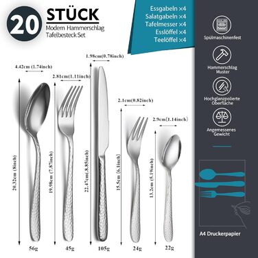 Набір столових приборів EIUBUIE з нержавіючої сталі 20 предметів, молоткова обробка, для 6 осіб, полірований, для дому та вечірок, можна мити в посудомийній машині