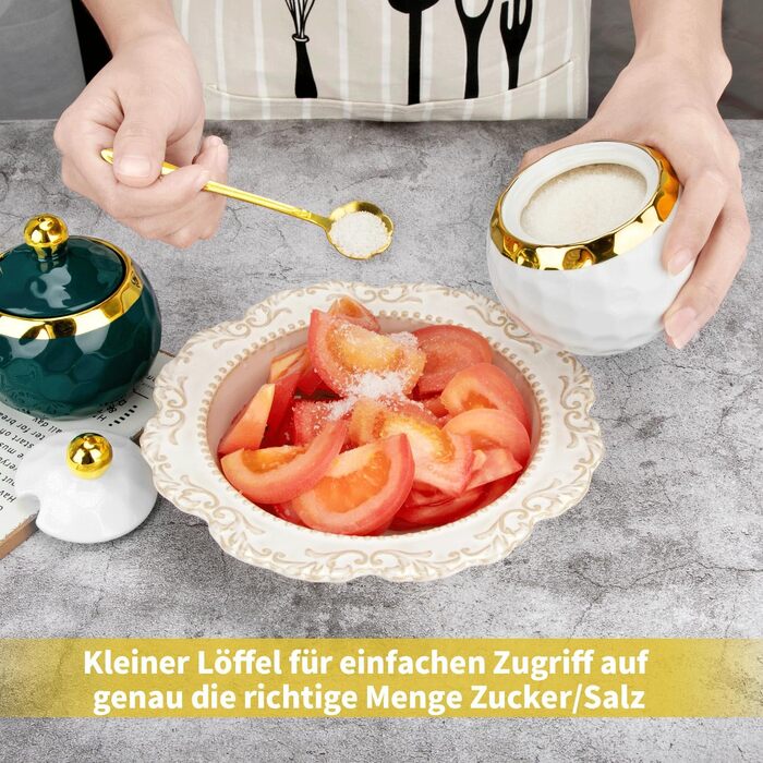 Керамічні солянки та цукерниці з кришкою та ложкою, зелений малюнок мармуру (білий)